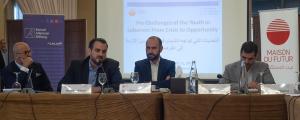 Photo shows the authors of the policy paper “The Challenge of the Youth in Lebanon: From Crisis to Opportunity”, Jean-Pierre Katrib and Makram Rabbah as well as the moderator Nadim Koteich and Ayman Mhanna.