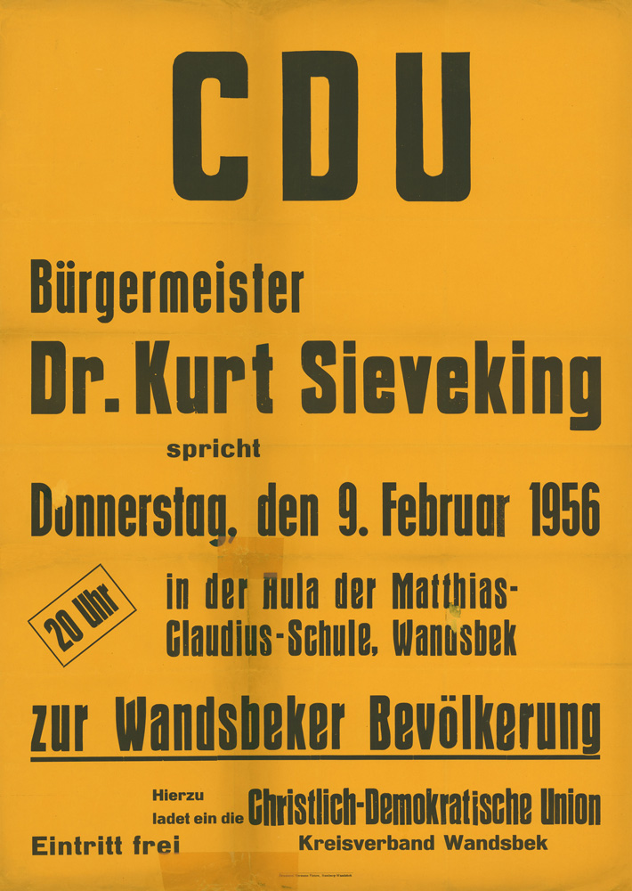 Ankündigungsplakat für eine Versammlung mit Bürgermeister Sieveking 1956 Ankündigungsplakat für eine Versammlung mit Bürgermeister Sieveking 1956