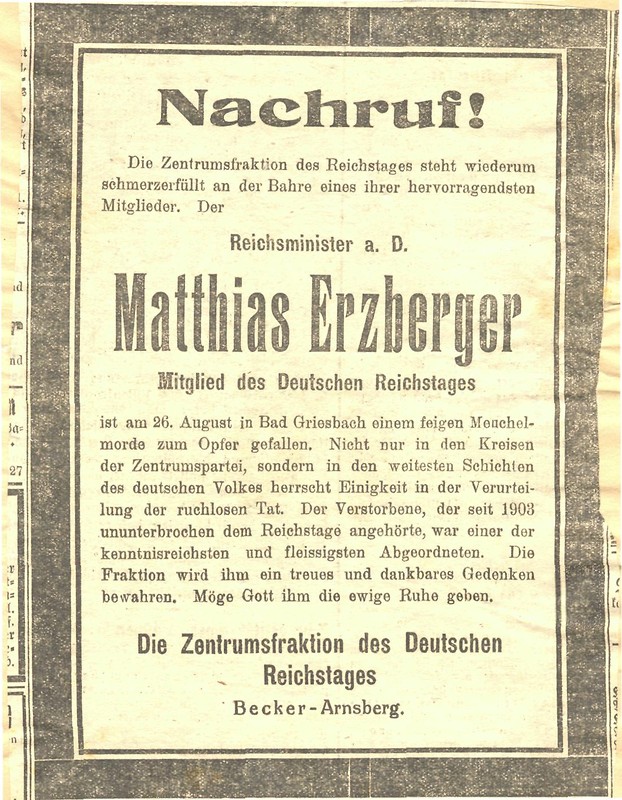 Todesanzeige der Zentrumsfraktion im Deutschen Reichstag