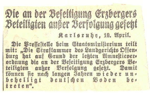 Meldung des nationalsozialistischen „Völkischen Beobachters“ vom 10.4.1933, dass die Strafverfolgung der ins Ausland geflohenen Mörder außer Vollzug gesetzt wurde