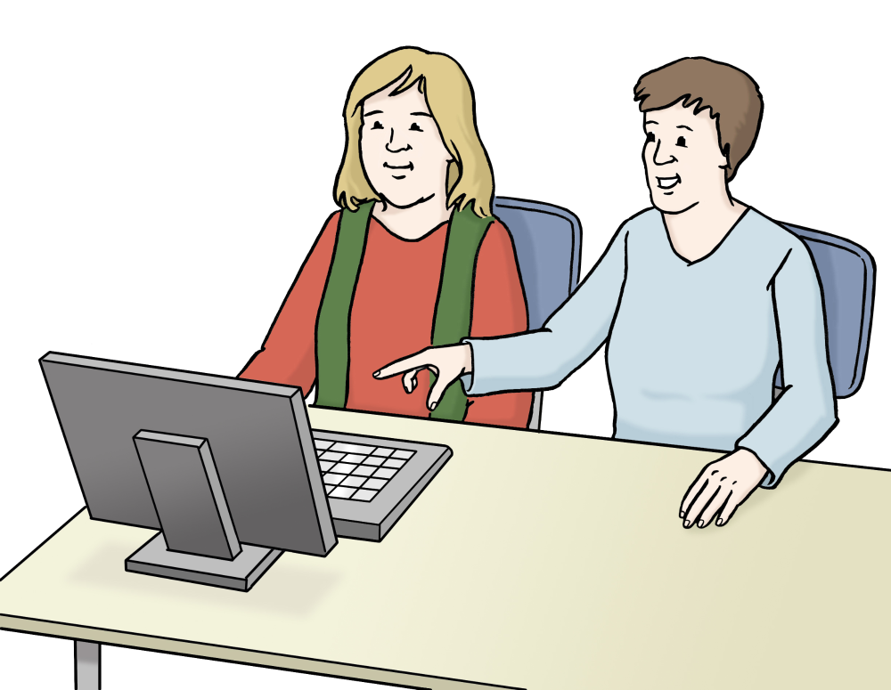 Zwei Personen sitzen gemeinsam vor dem Computer
