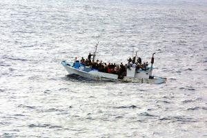 Migrants on a boat in the Aegean