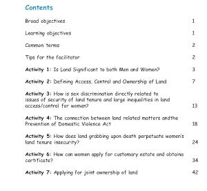 Contents page for the civic awareness materials for community facilitators in Malawi