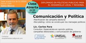 Veranstaltungsankündigung des Votrags "Kommunikation und Politik" von Lic. Carlos Fara