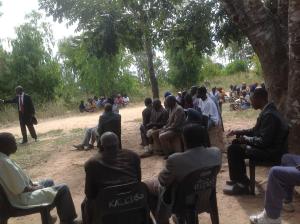 Sub-Traditional Authority Daniel Gausi implores his junior chiefs and subjects to be agents of change in support for increasd women's access and ownership to land during the awareness campaign for women's land rights