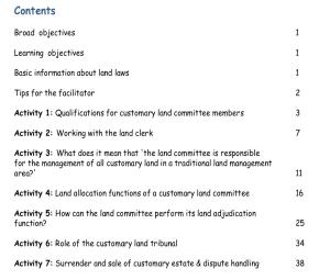 Contents page for Orientation Material for Customary Land Committees in Malawi