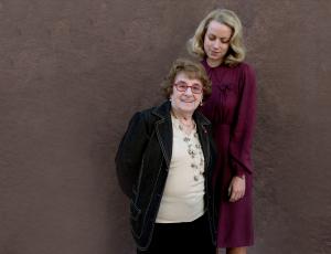 The contemporary witness and Holocaust survivor Hanni Lévy with actress Alice Dwyer who is embodying Hanni in the Holocaust Drama "The Invisibles" by Claus Räfle.