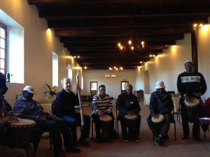 Playing the drums together.