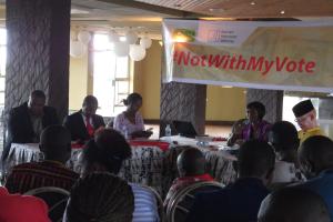 The panellists Hon. Isaac Mwaura, Machel Waikenda, Julie Waweru and Cate Waruguru stating their points on the issue of Voter Bribery in Kiambu County.