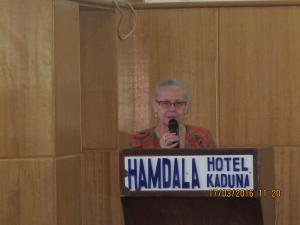 Head of Konrad-Adenauer-Foundation in Nigeria, Mrs. Hildegard Behrendt-Kigozi, during her speech at the Town Hall Meeting in Kaduna