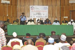 Podium at the Town Hall Meeting on 2 February, 2015 in Kaduna, Nigeria.