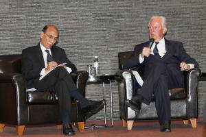 Tan Sri Dato’ Seri Mohamed Jawhar Hassan, Chairman and Chief Executive, ISIS Malaysia (left) and Jacques Santer, Former President of the European Commission (right) responding to the a participant's question in Kuala Lumpur on 18 September 2013.