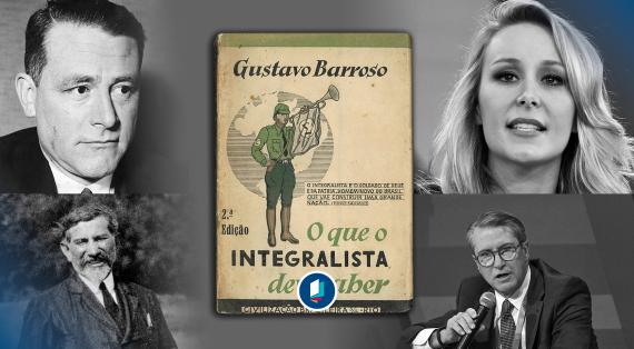 Fotocollage mit Bildern von Carl Schmitt, Marion Maréchal, Charles Maurras, Patrick J. Deneen und einem Bild der Publikation des brasilianischen Integralisten Gustavo Barroso