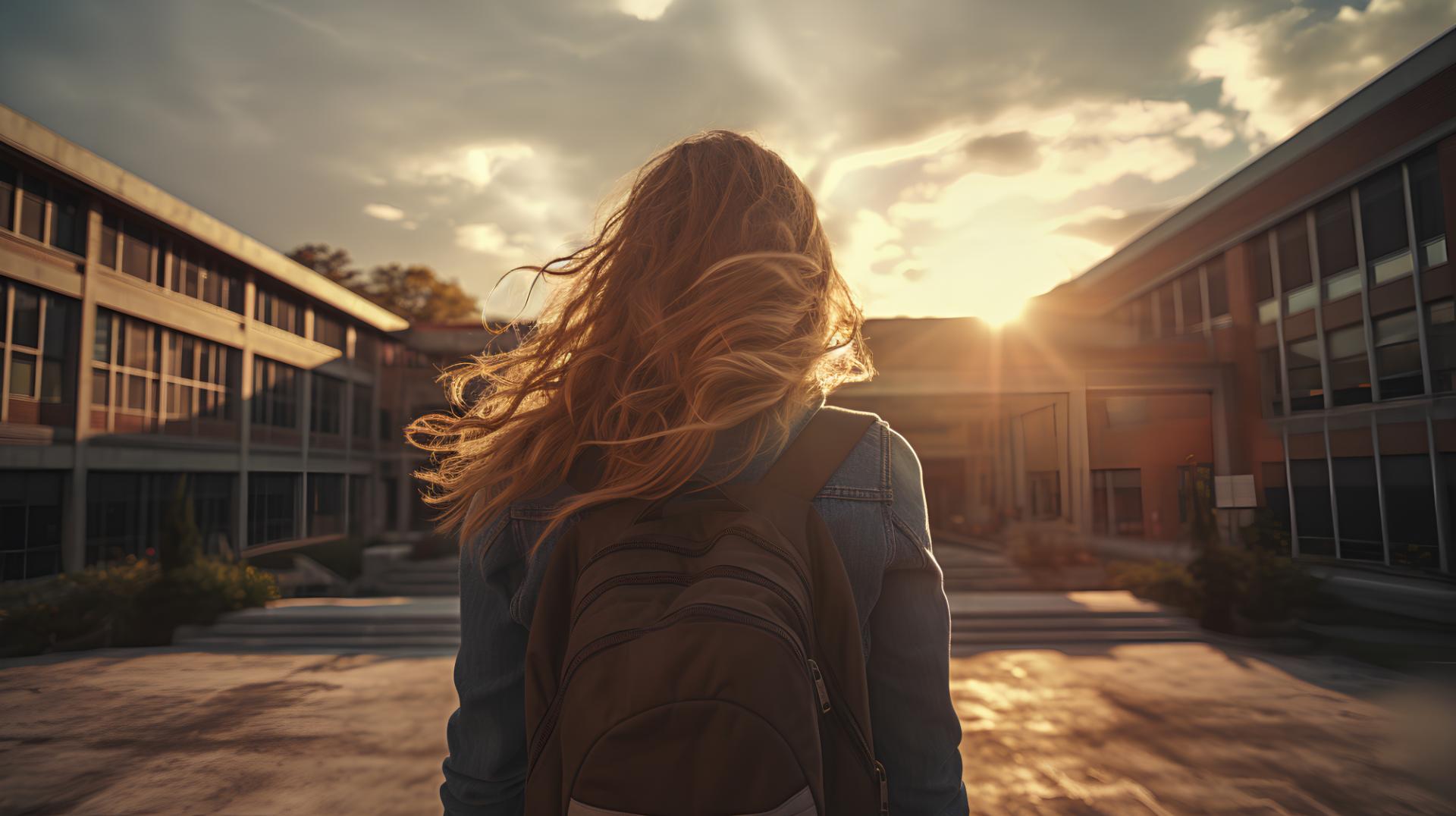 Third-Person-Perspektive einer blonden Frau auf einem Universitätscampus