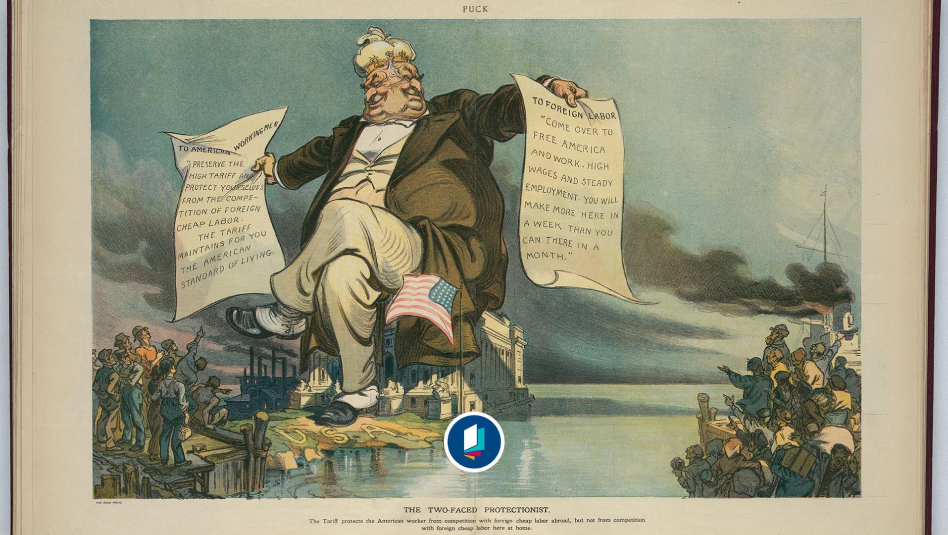The two-faced protectionist: Keppler & Schwarzmann, Puck Building, 13. März 1912. Die Illustration zeigt einen riesigen, zweigesichtigen Mann, der eine Geldsackkrone mit „$“ trägt und auf einem US-Zollhaus an der Küste der USA sitzt.
