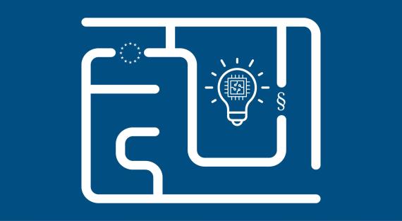 Die künstlerische Darstellung eines Schlatkreises mit einer Glühbirne, dem Europa-Sternenkreis und dem Symbol eines Paragrafen als Schalter.