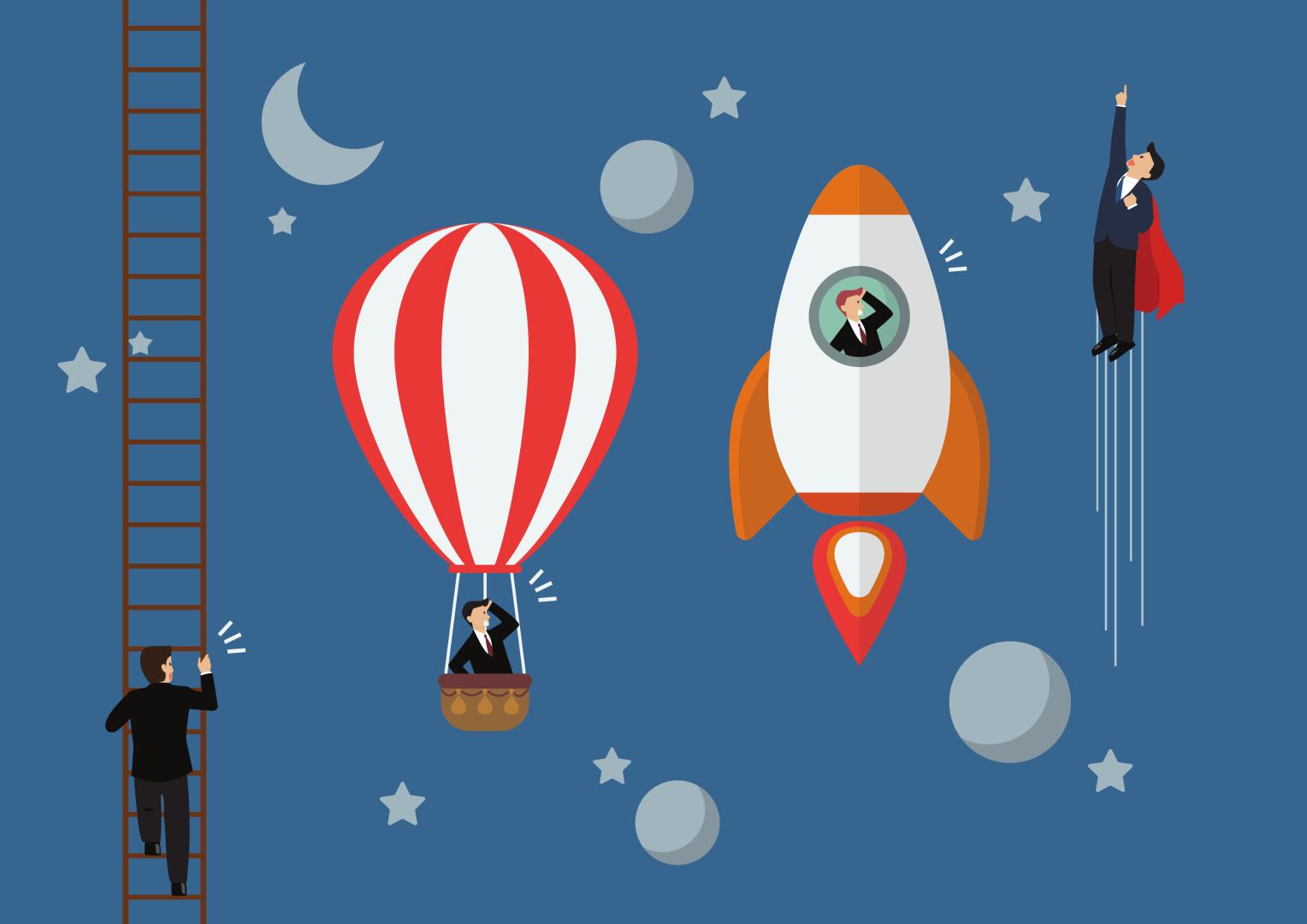 Zeichnung von Vier Menschen die sich aufwärts auf einer Leiter, mit einem Heißluftballon, einer Rakete und als Superheld bewegen