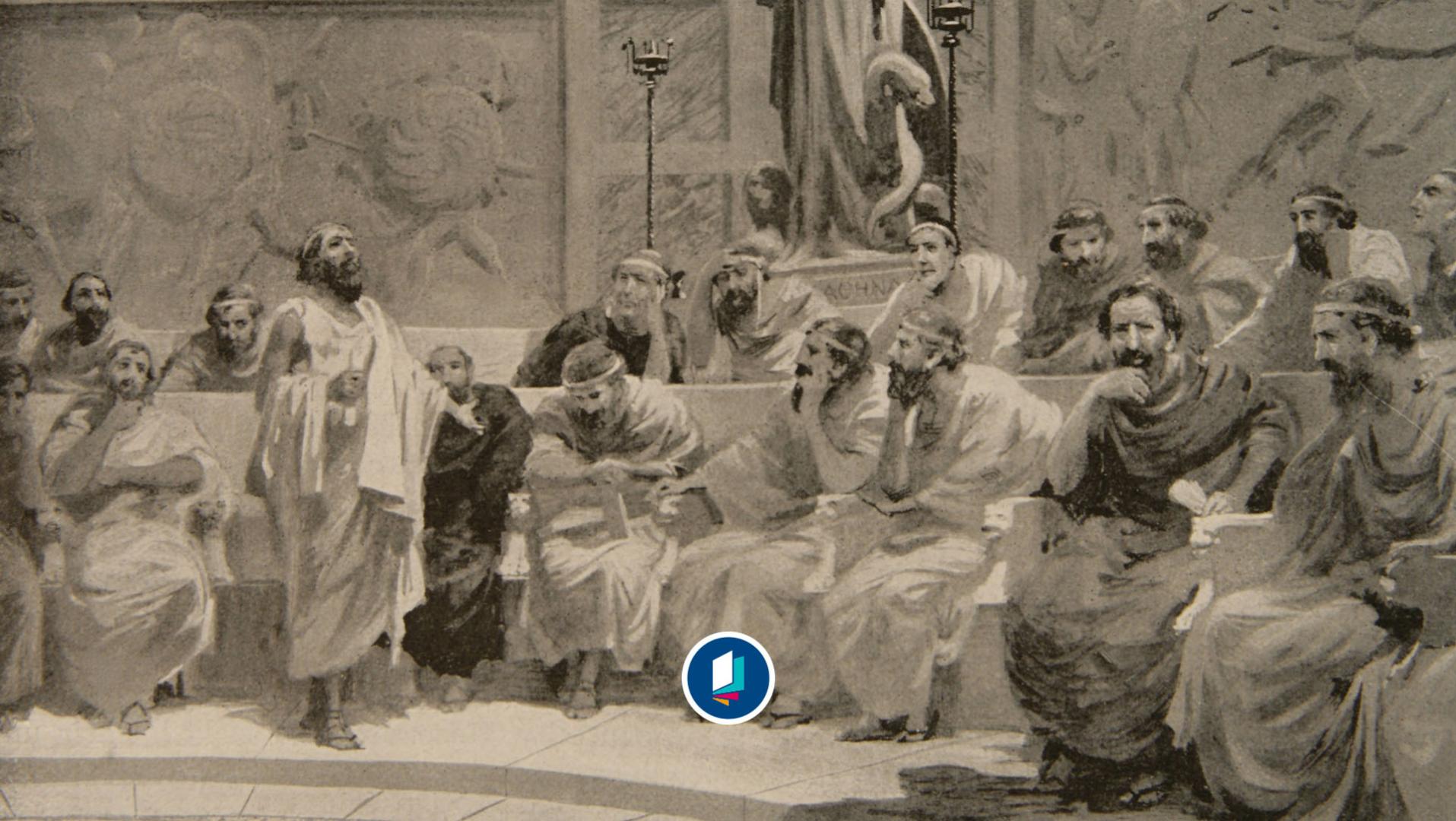 Kleon von Athen, Erster Vertreter des Handelsstands in der athenischen Politik während einer Debatte über den Aufstand von Mytilene, 427 v. Chr. Stich von William Spencer Bagdatopoulos (1888–1965)