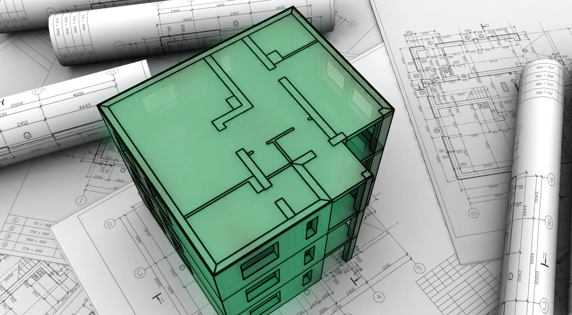 Ein Miniaturgebäude auf mehreren Bauplänen