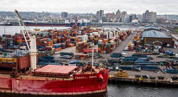 View of the container port of Durban South Africa. The port not far from the city center is Africas largest container port and crucial to South Africas economy.
