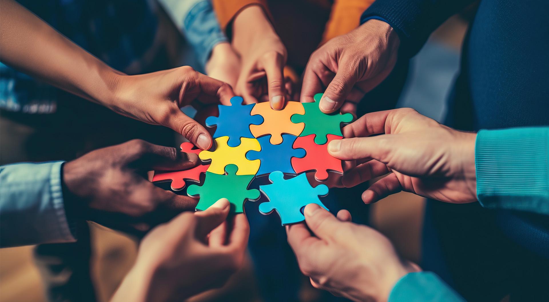 Mehrere Hände halten Puzzleteile zusammen