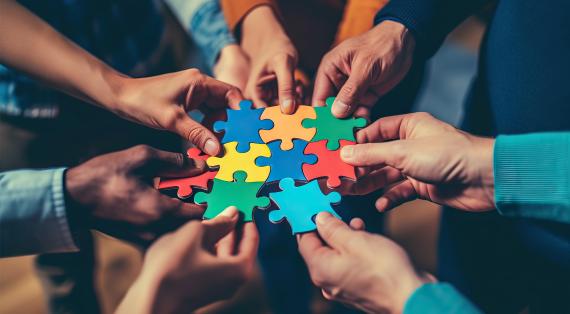 Mehrere Hände halten Puzzleteile zusammen