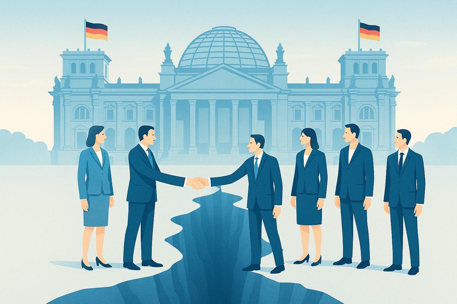 Vor dem Reichstagsgebäude reichen sich zwei Männer in Anzügen über eine tiefe Kluft die Hand, während zwei Frauen und zwei Männer in Anzügen danebenstehen.