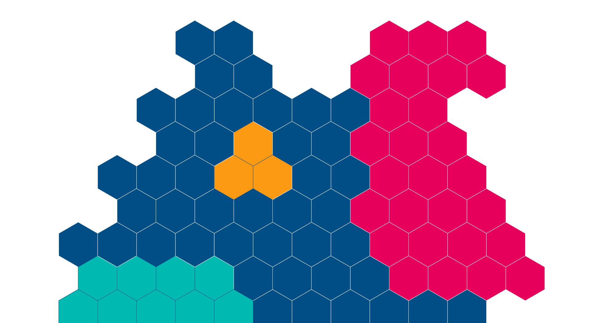 Abstrakte Darstellung einer Landkarte aus sechseckigen Feldern in verschiedenen Farben