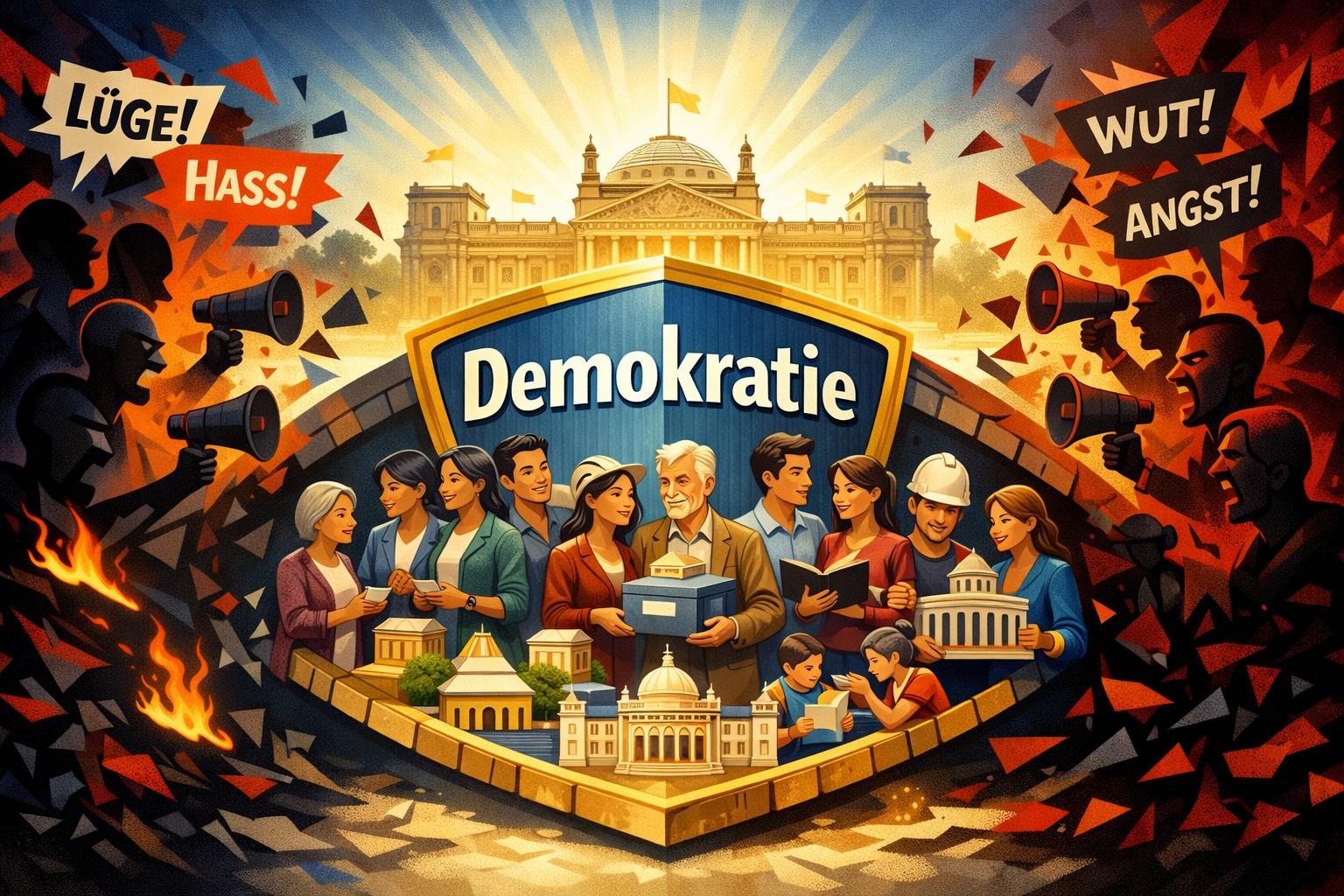 „Eine symbolische, moderne Illustration zur Verteidigung der Demokratie durch die politische Mitte. Im Zentrum steht eine Gruppe vielfältiger Menschen (verschiedene Altersgruppen, Geschlechter und Hintergründe), die gemeinsam eine stabile Brücke oder ein Schutzschild formen. Auf dem Schild steht ‚Demokratie‘.