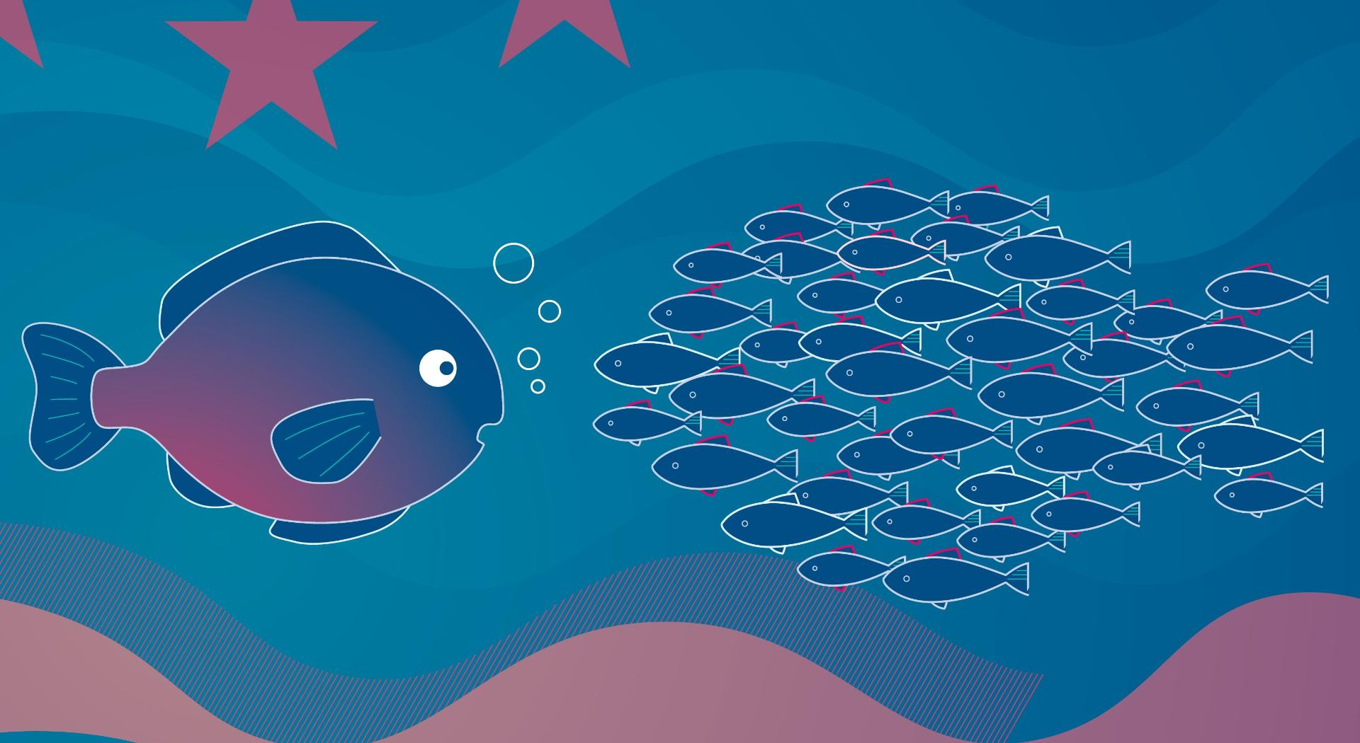 Illustration eines großen Fisches, der einer Gruppe kleinerer Fische gegenübersteht, vor einem Hintergrund mit Wellen und Sternen