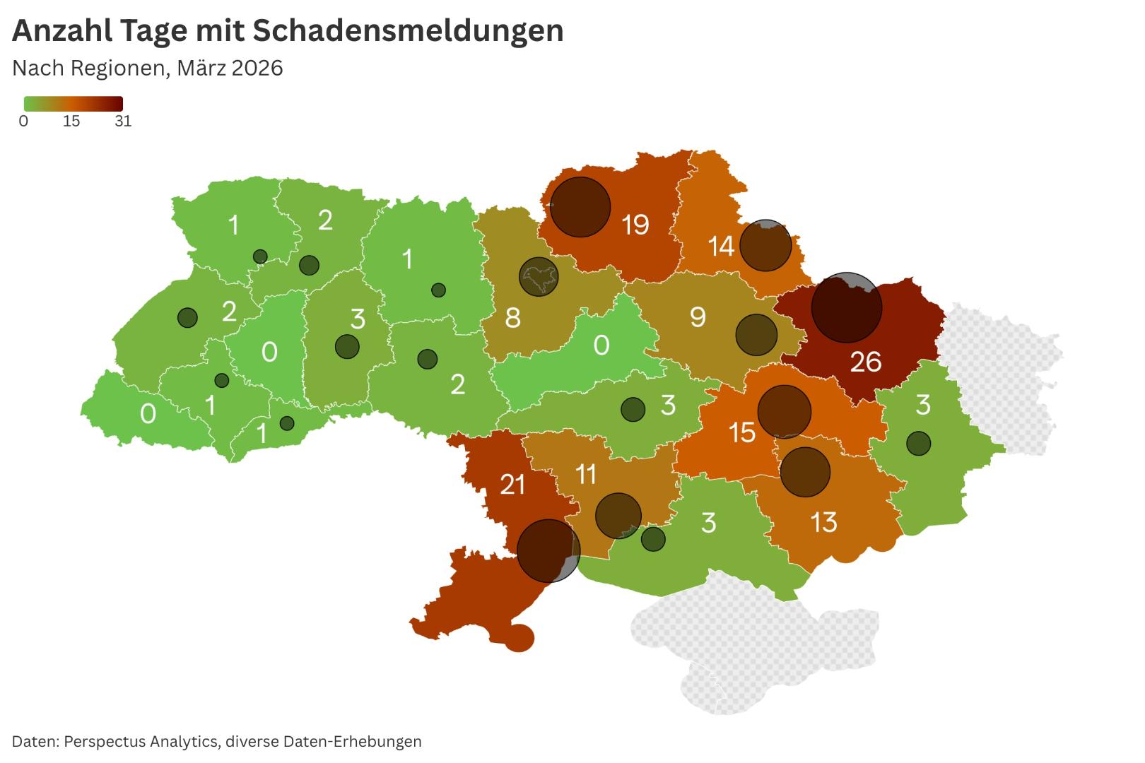 Grafik: Anzahl Tage mit Schadensmeldungen im März, nach Regionen