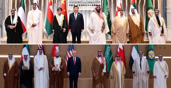 Chinese President Xi Jinping poses with Gulf leaders at the China-GCC Summit in Riyadh (2022); US President Donald Trump poses with Gulf leaders before the Gulf Cooperation Council (GCC) meeting in Riyadh (2025)