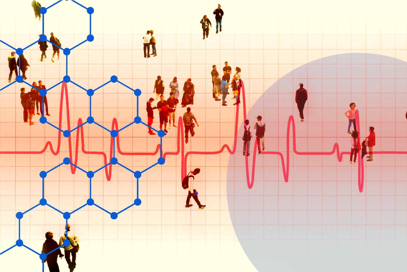 Mehrere Personen auf hellem Hintergrund, darüber blaue Sechseck-Grafik und rote Linienkurve auf Rasterfläche
