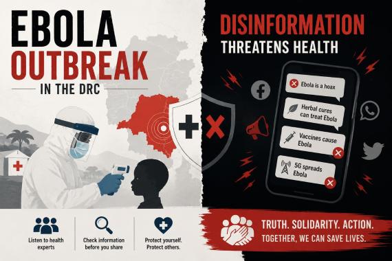 Infografik zur Ebola-Ausbreitung in der Demokratischen Republik Kongo mit Darstellung eines medizinischen Mitarbeiters in Schutzkleidung, einer Karte, einem Schild mit Kreuz und X sowie einem Smartphone mit Falschinformationen zu Ebola und Symbolen sozialer Medien