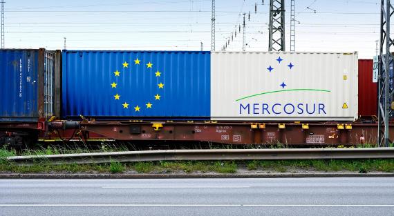 Container auf einer Bahn mit Aufschrift Mercosur und EU-Fahne.
