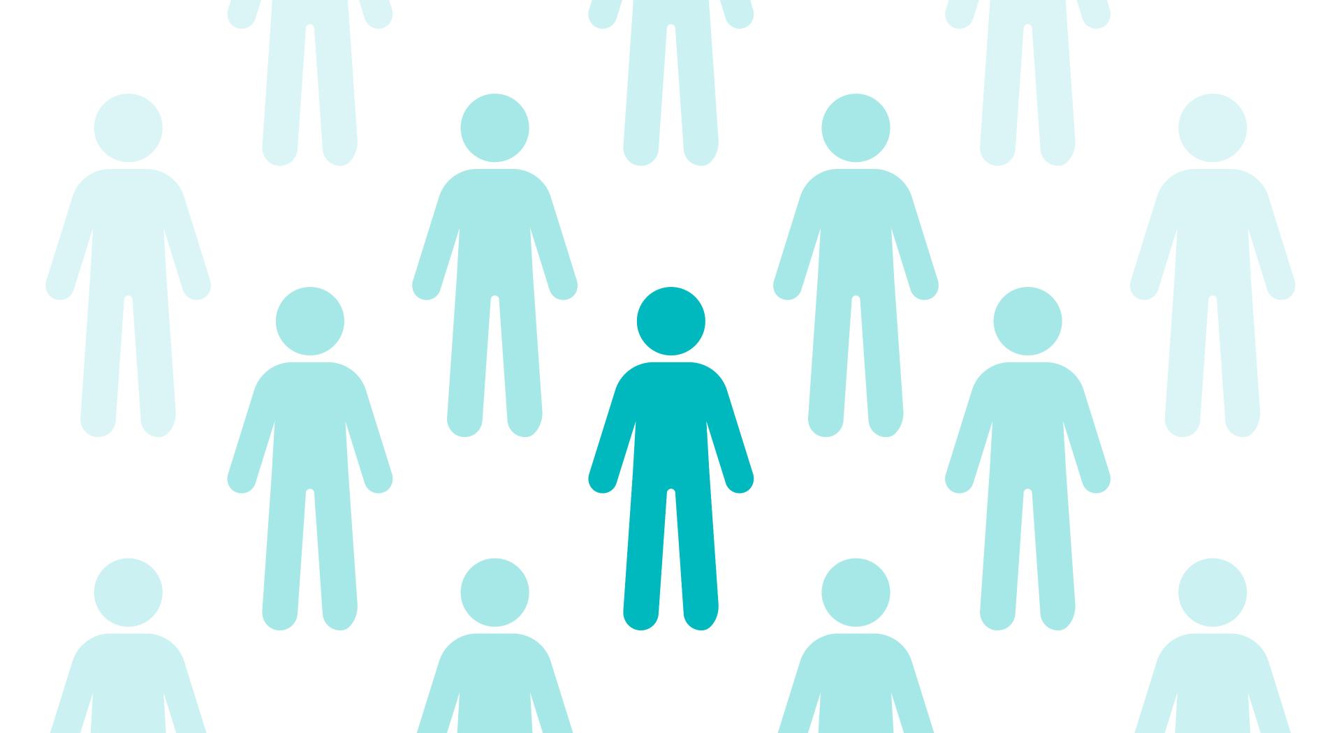 Eine türkise Person hebt sich von vielen blass dargestellten Personen ab und steht für den Menschen im Mittelpunkt der globalen Gesundheit.