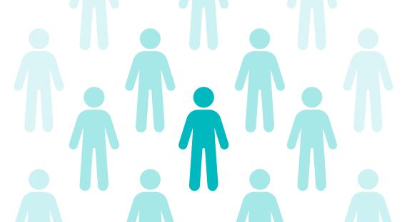 Eine türkise Person hebt sich von vielen blass dargestellten Personen ab und steht für den Menschen im Mittelpunkt der globalen Gesundheit.