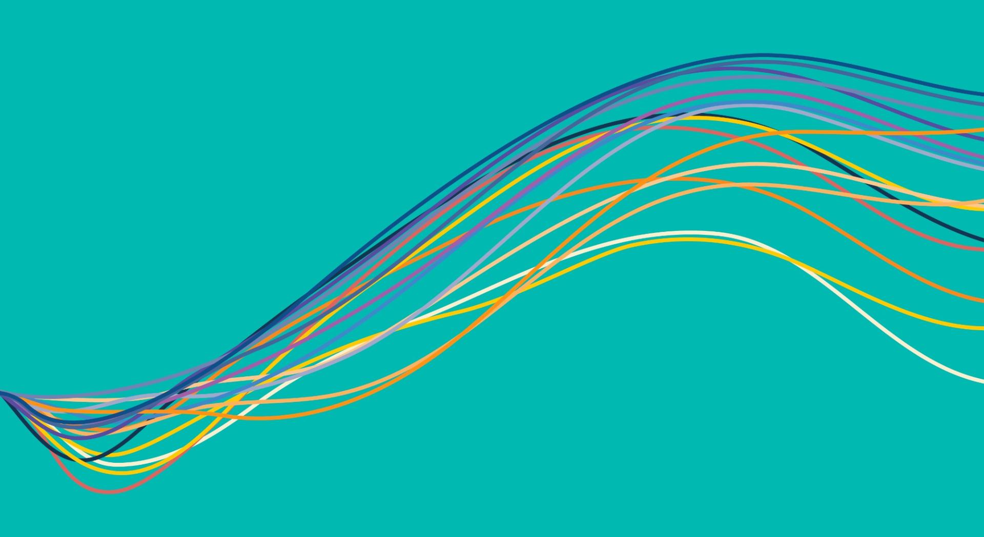 Abstrakte Grafik mit farbigen, geschwungenen Linien auf türkisfarbenem Hintergrund.