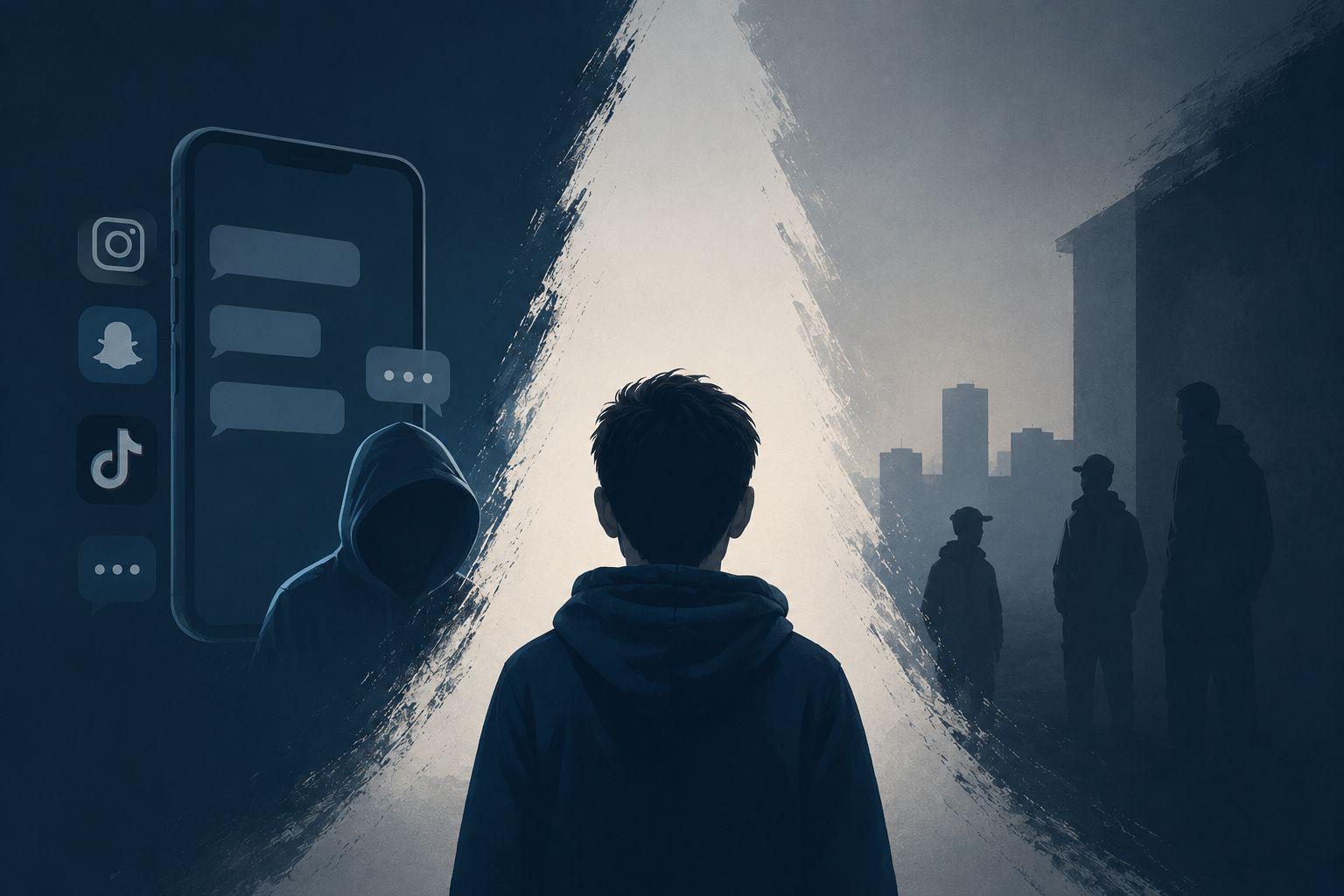 Illustration zu Jugendkriminalität und sozialen Medien mit Jugendlichen, Smartphone und Chat-Symbolen.