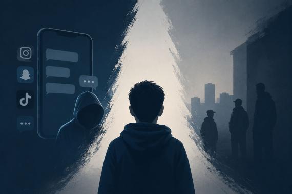 Illustration zu Jugendkriminalität und sozialen Medien mit Jugendlichen, Smartphone und Chat-Symbolen.