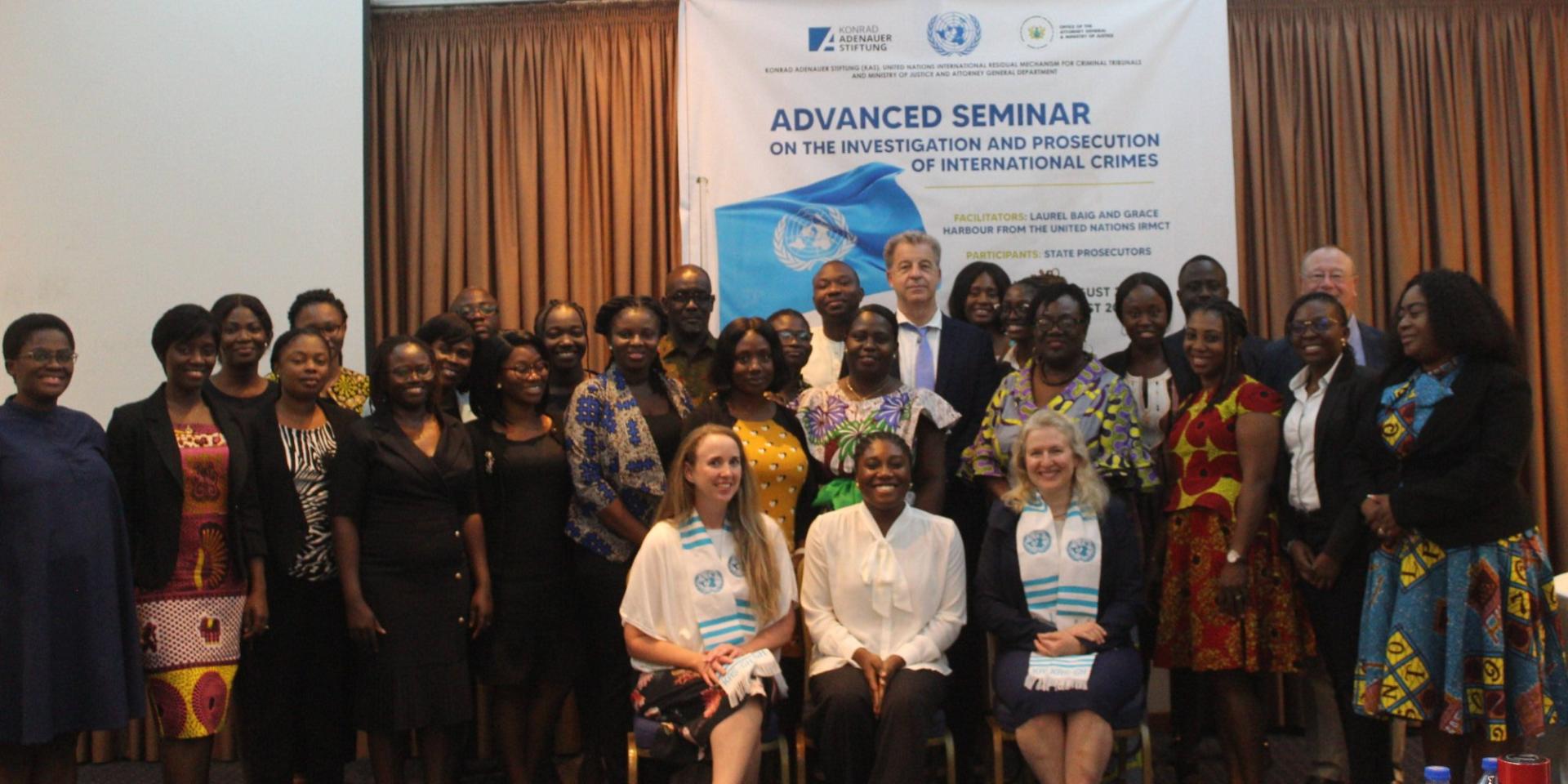 Group photo of participants at a seminar on the investigation and prosecution of international crimes, organized by the Konrad Adenauer Stiftung and the United Nations in Ghana.