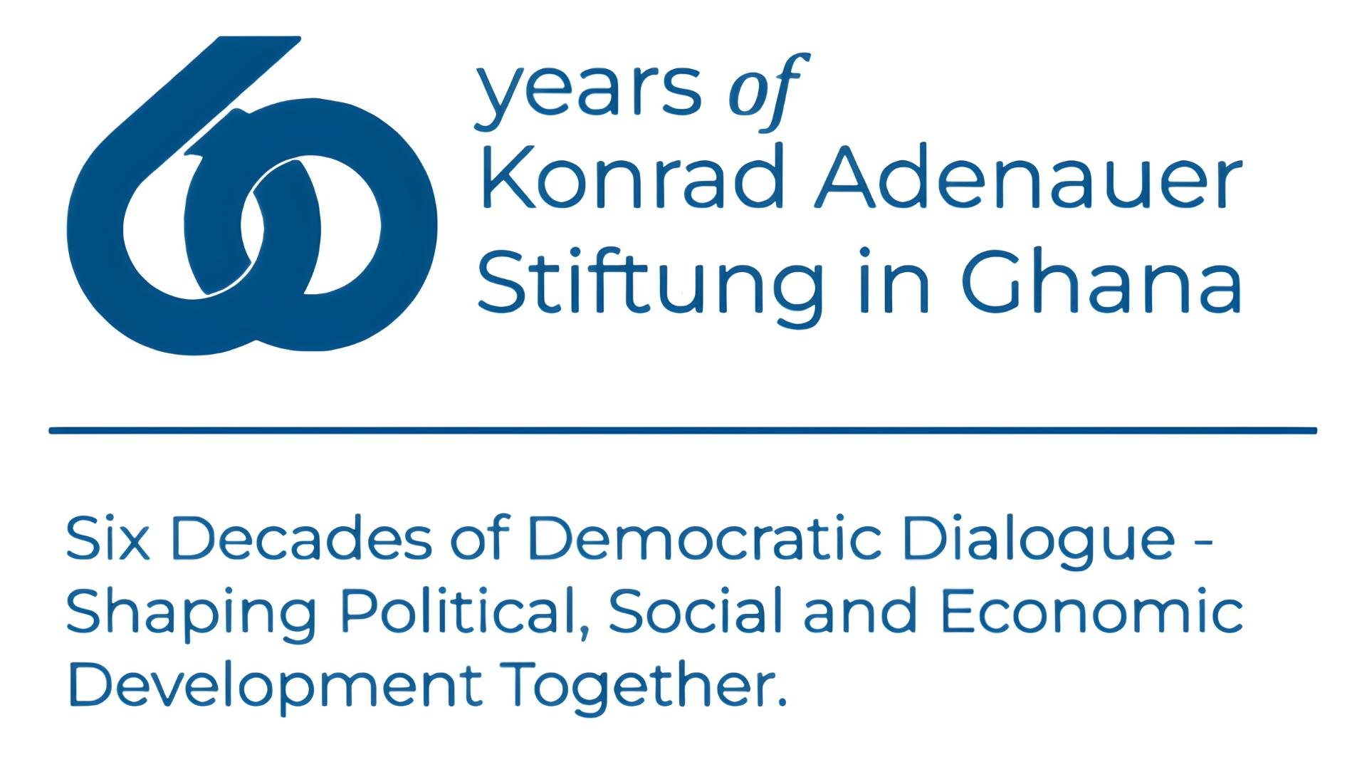 Blue lettering: 60 Years of the Konrad-Adenauer-Stiftung in Ghana, with the subtitle: Six Decades of Partnership and Democratic Dialogue – Shaping Political, Social and Economic Development Together