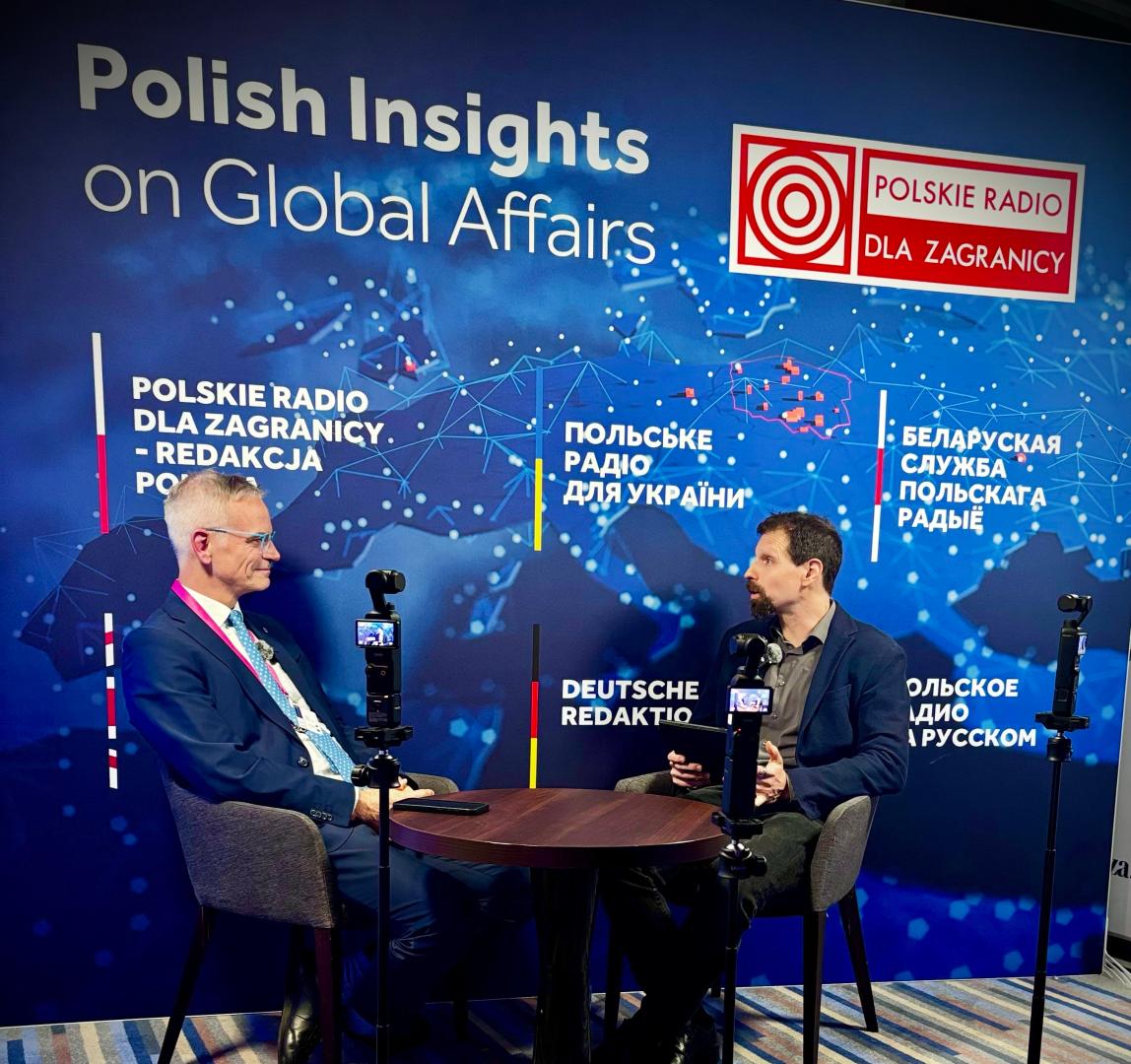 Member of the German Bundestag Dr. Markus Reichel speaking with Polskie Radio at the Warsaw Security Forum 2026.