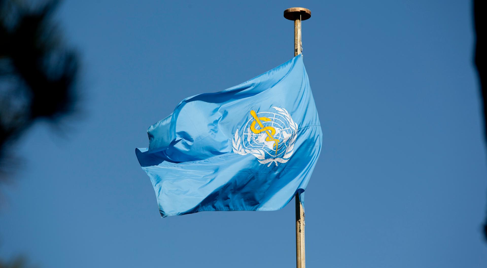 Flagge der WHO vor ihrem Sitz in Genf, Schweiz