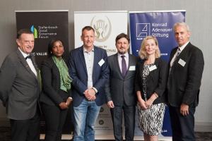 From left to right: Prof Erwin Schwella (SPL), Phephelapi Dube (CFCR), Dr Jakkie Cilliers (ISS), Prof Silviu Rogobete, Christina Teichmann (KAS), Dr Dirk Brand (SPL) at Breakfast Discussion 2018 "Looking Ahead for 2018"