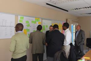 Jonathan Zinyandu (AFRODAD), Boichoko A. Ditlhake (SADC-CNGO), Graham Hopwood (IPPR), Oladela Arowolo (HSRC), Gus Madigora (OXFAM) and Dr Dix (KAS) at the KAS-GPPi Workshop 14.-15. August, 2014